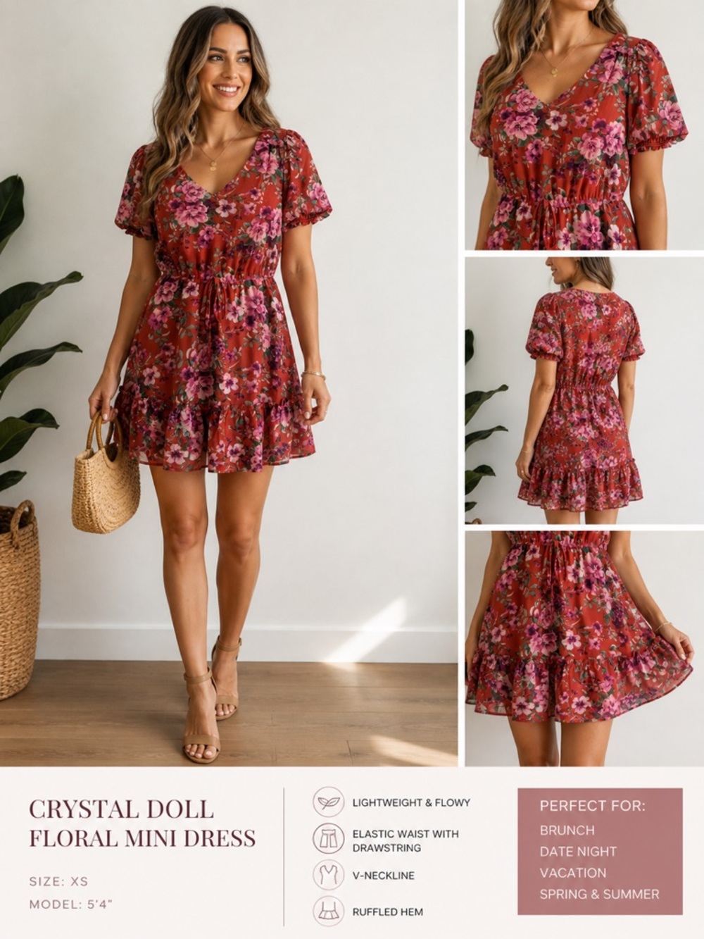 Crystal Doll Floral Mini Dress XS Red Pink Boho Ruffle Hem V-Neck